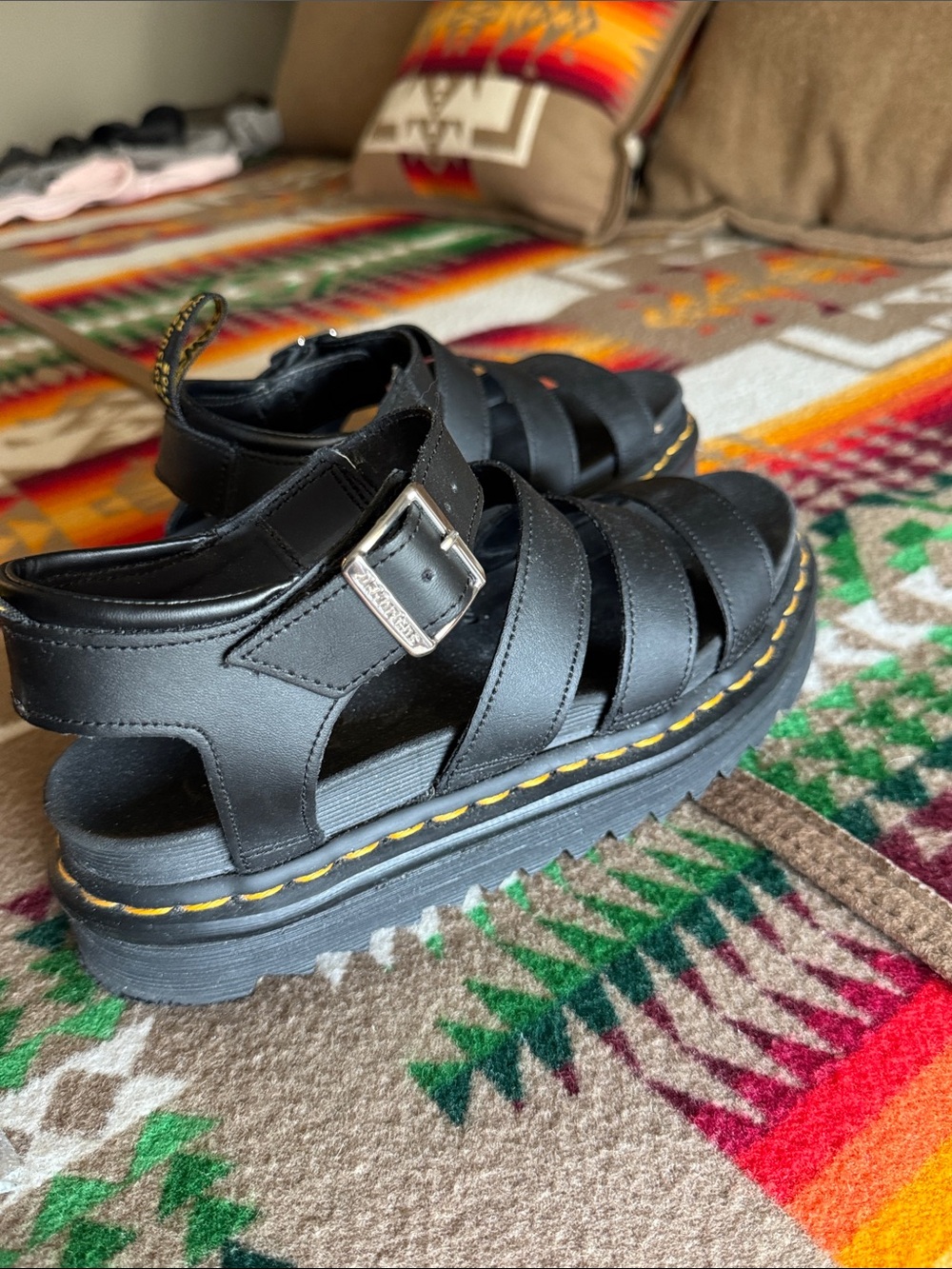 Dr. Martens Black Platform Fisherman Sandals with Yellow Stitching